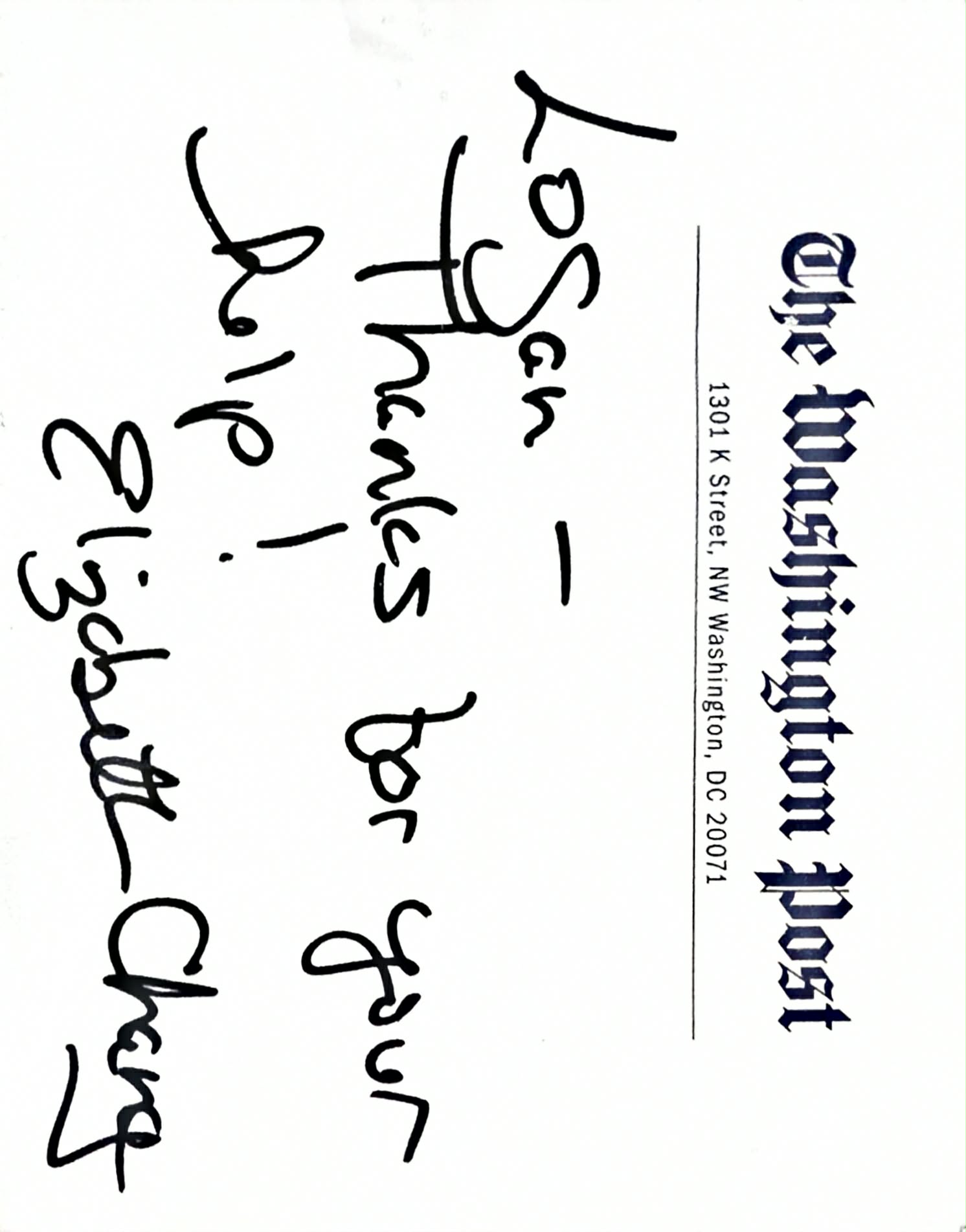 On Washington Post letterhead: Logan — Thanks for your help! Elizabeth Chang